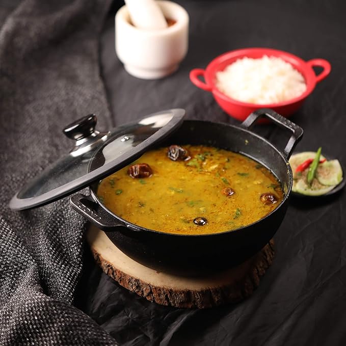 Vinod Legacy Pre Seasoned Cast Iron Kadai with Glass Lid - 2.4 Litre, 22 cm | Naturally Non Stick Kadhai for Cooking