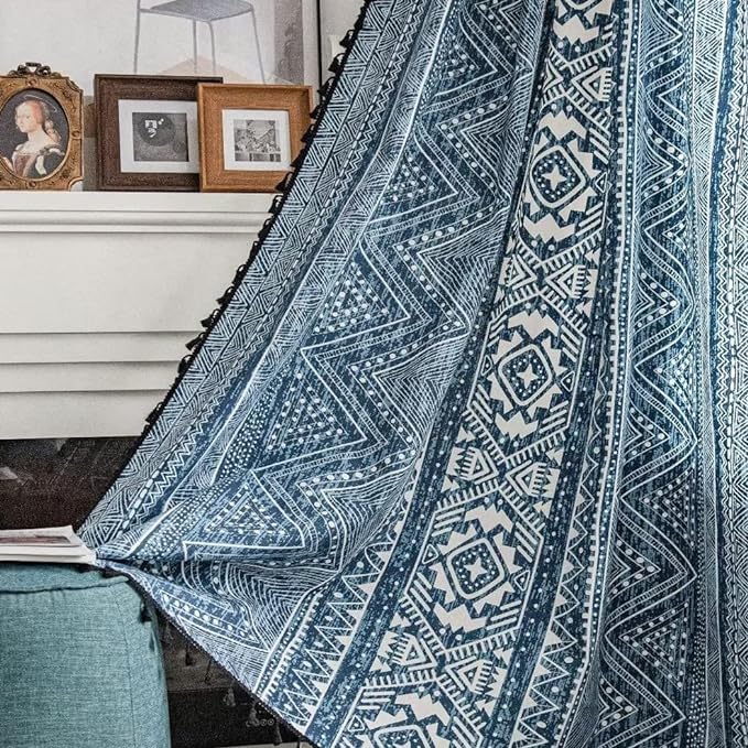 Huesland Cotton Curtains for Door, 7 Feet Long 1 Bohemian Eyelet Curtain | Tribal Style Blue
