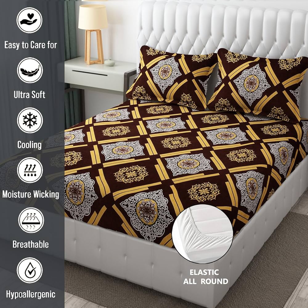 Fresh From Loom Elastic Fitted Floral Bed Sheets King Size Bed With Two Pillow Cover Soft Microfiber Bed Covers 144 Tc Dark Brown
