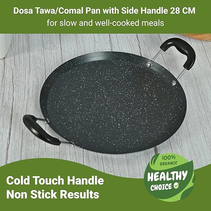 Femora Carbon Steel 28 Cm Dosa Tawa/ Comal Pan With Bakelite Handle | Heat Resistant | 3 Layer Non-stick Coating Pan | Black