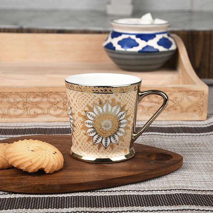 Femora Lotus Pattern With Golden Handle Golden Coffee Mugs | 180 Ml | Golden | 6 Pieces Set | Not Microwave Safe