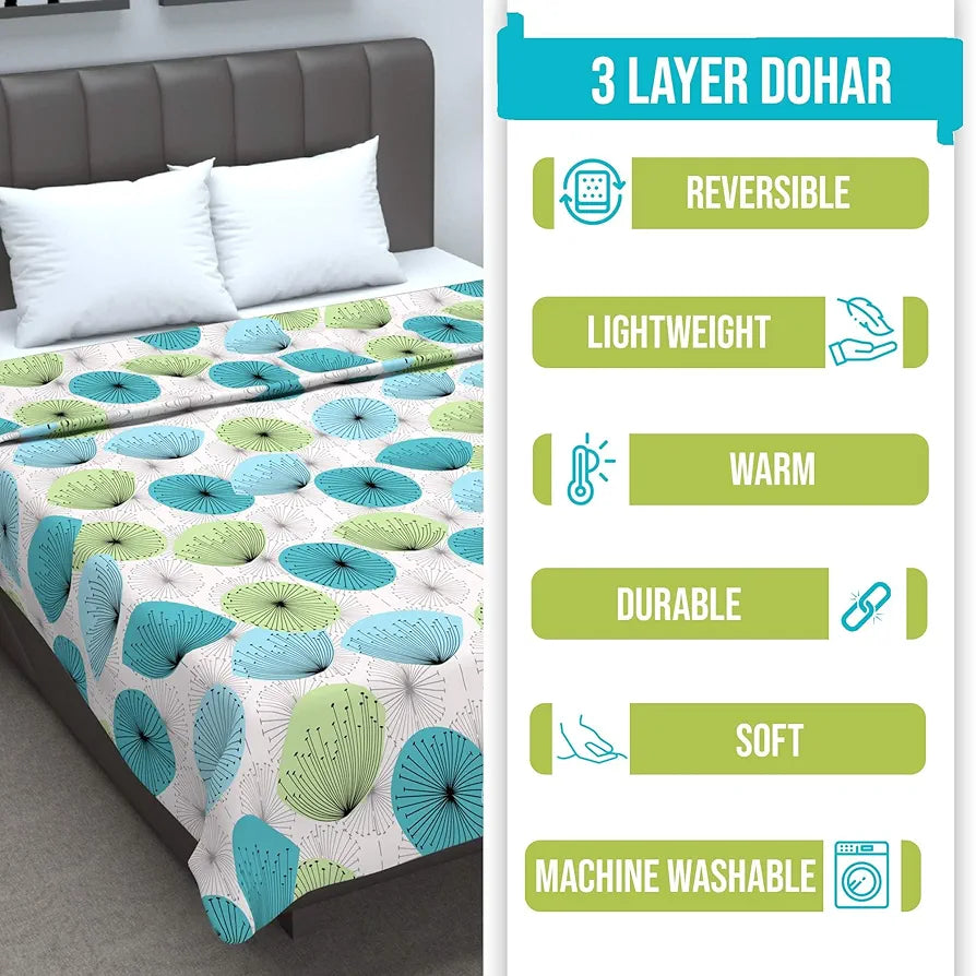 Divine Casa Floret 100% Cotton Single Dohar 120 GSM Soft & Lightweight Throw Blanket Colour Aqua