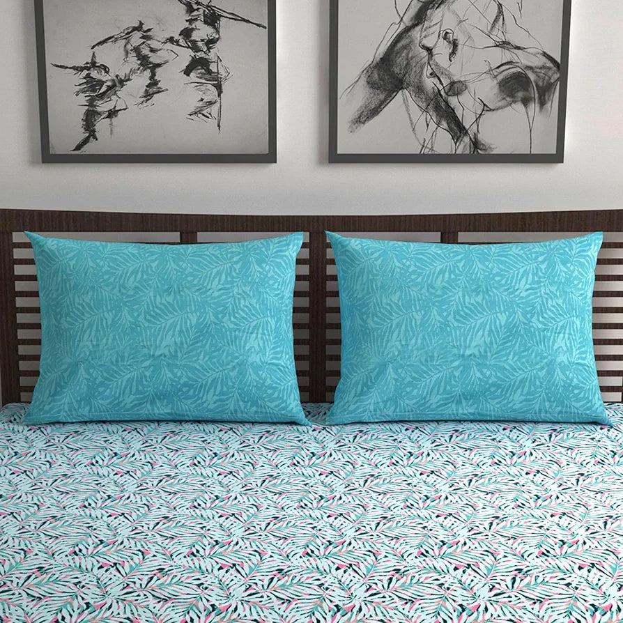 Divine Casa 144 TC 100% Cotton Double Bedsheet with 2 Pillow Covers Tropical Leaf Colour Light Blue Pink