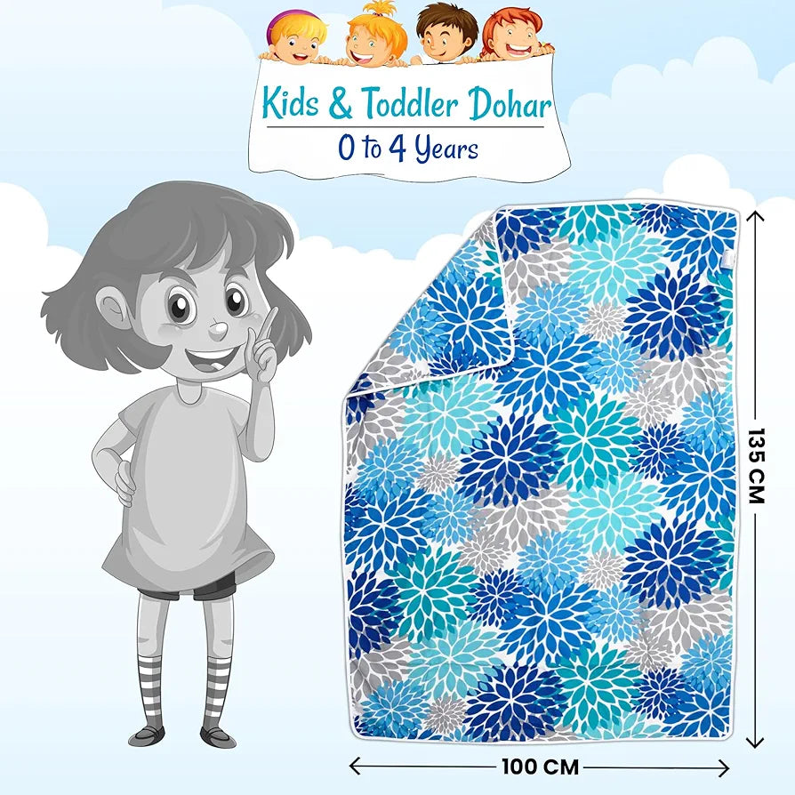 Divine Casa Floret 100% Cotton Single Kids Dohar 120 GSM Soft & Lightweight Throw Blanket Colour Blue Aqua