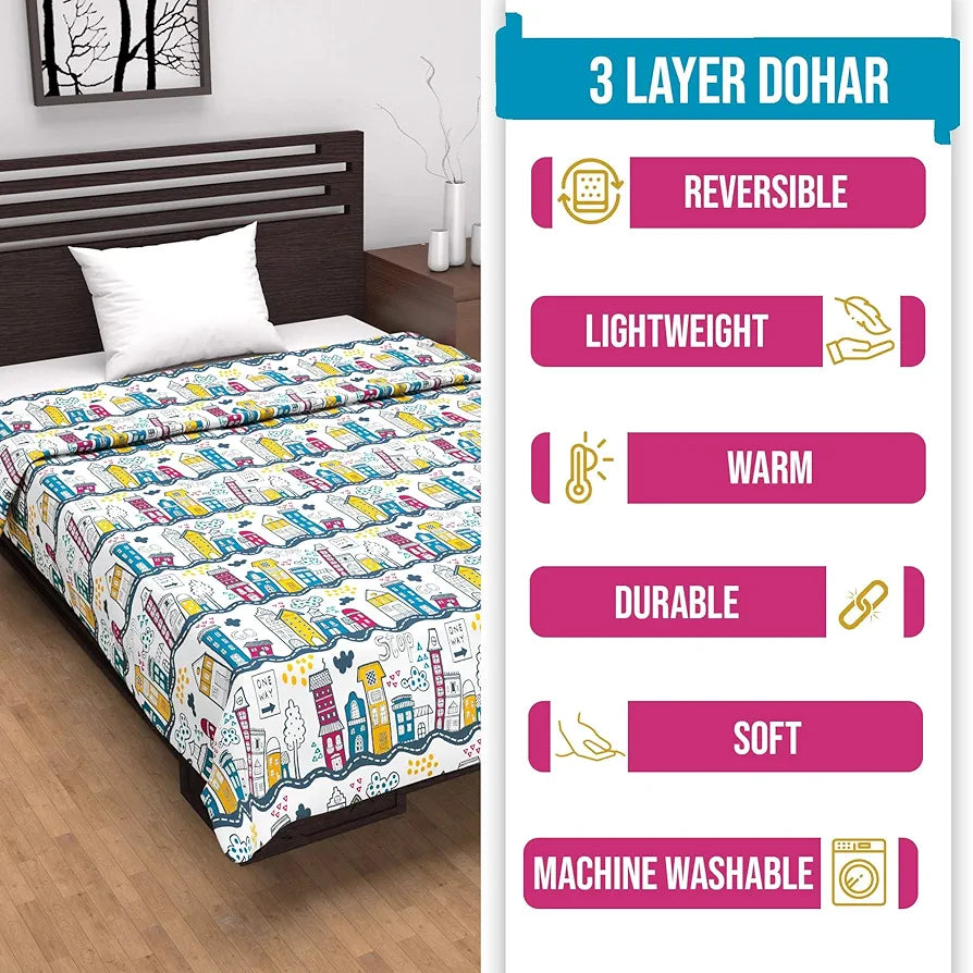 Divine Casa Pure Cotton Printed Single Dohar 120 GSM Soft & Lightweight Throw Blanket Colour Heaven White
