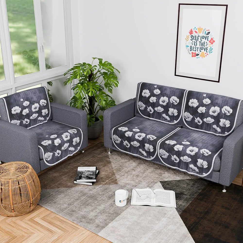 Kuber Industries Set of 6 Durable 2+1 Seater Sofa Covers Lotus Print Grey