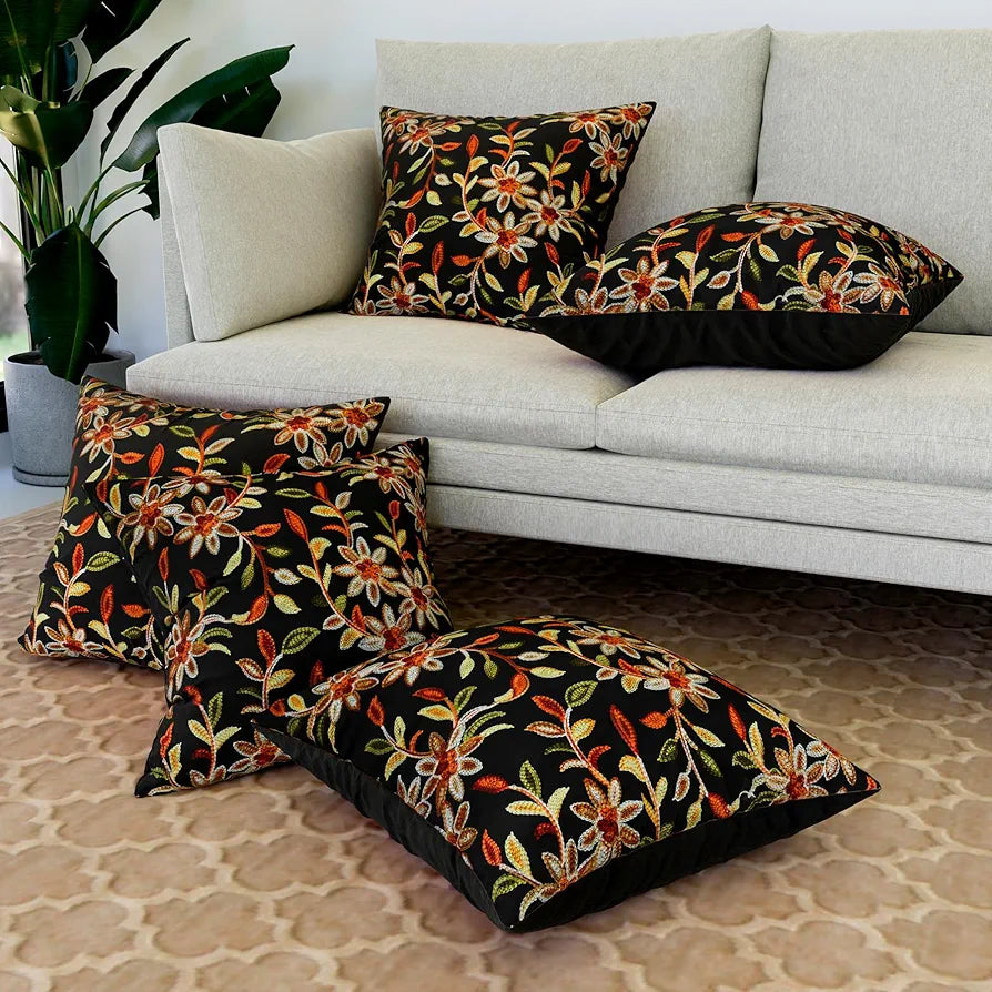 Kuber Industries Cushion Cover Pillow Covers Embroidery Cushion Covers Set of 5 Black