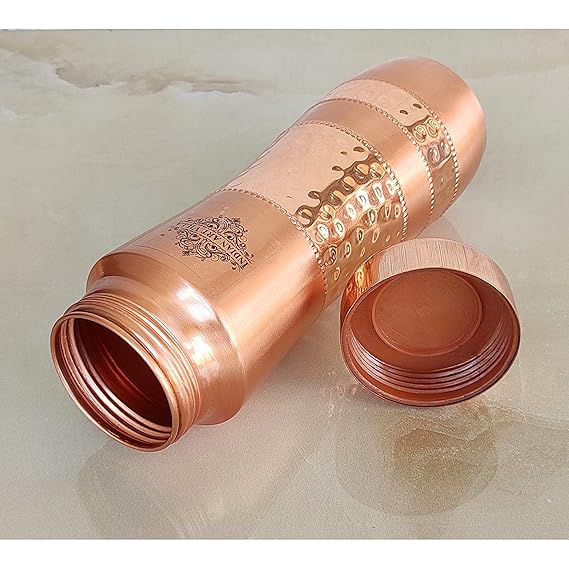 Indian Art Villa Pure Copper Water Bottle With Half Lacquer Hammered Champion Design