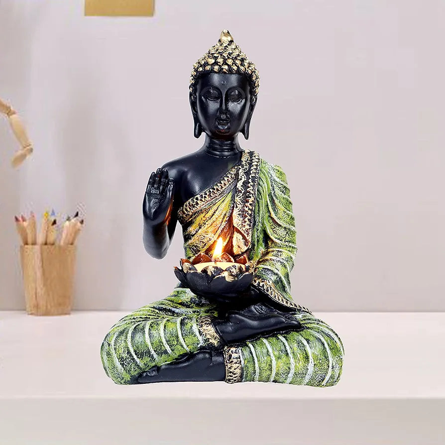 Jaipur Ace Sitting Buddha Idol Statue for Home Decorations Items Showpiece Green tea Light Buddha