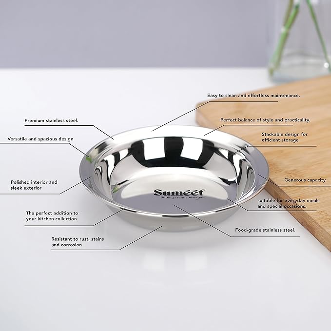 Sumeet Stainless Steel Heavy Gauge Multi Utility Serving Plates with Mirror Finish 16.5cm Dia Set of 6pc Silver