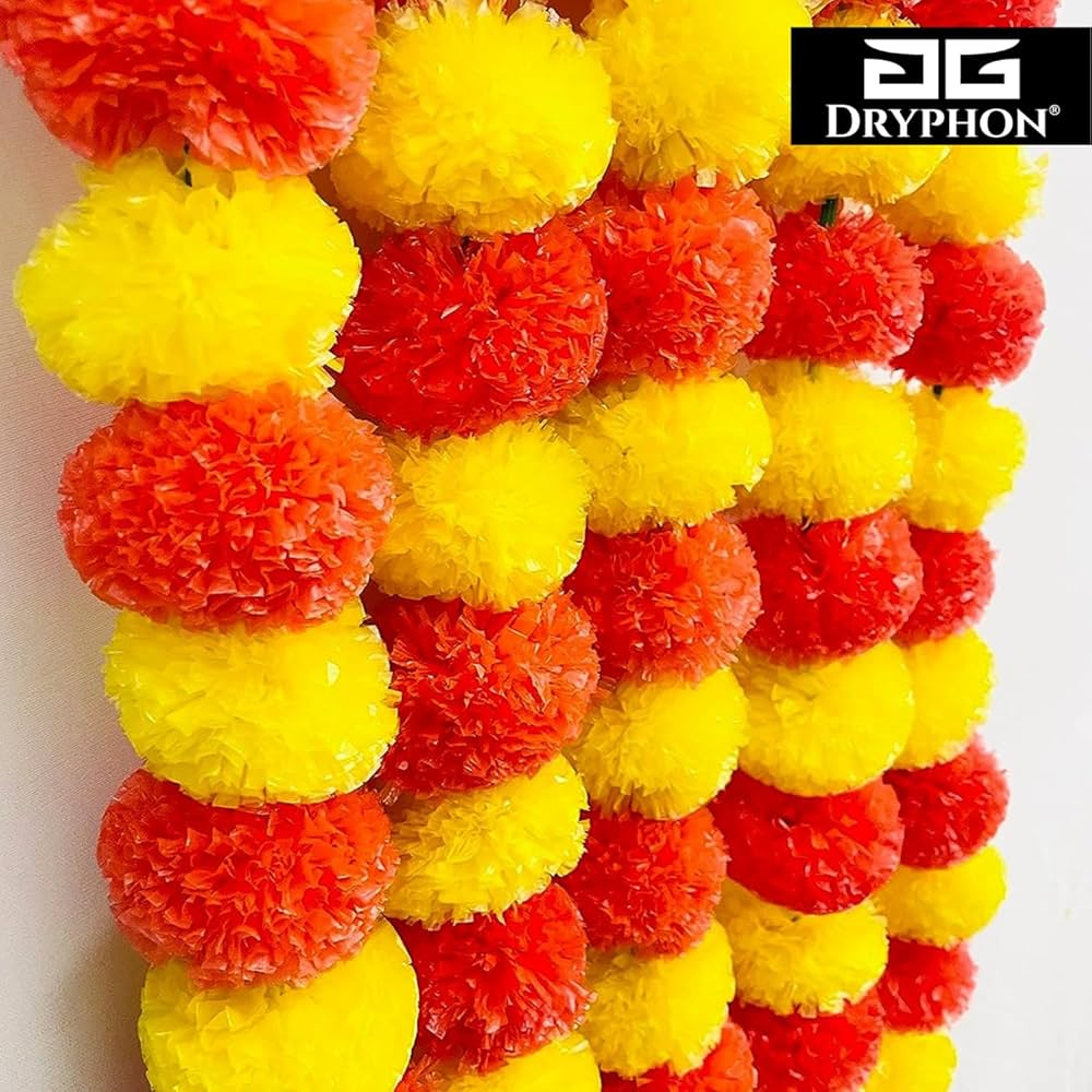 Artificial Marigold Flowers for Decoration with Pom Pom Ring Bell Hanging Garlands Yellow Orange
