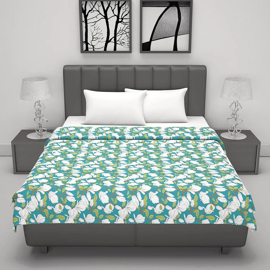 Divine Casa Floret 100% Cotton Double Dohar 120 GSM Soft & Lightweight Throw BlanketColour Meadow Green