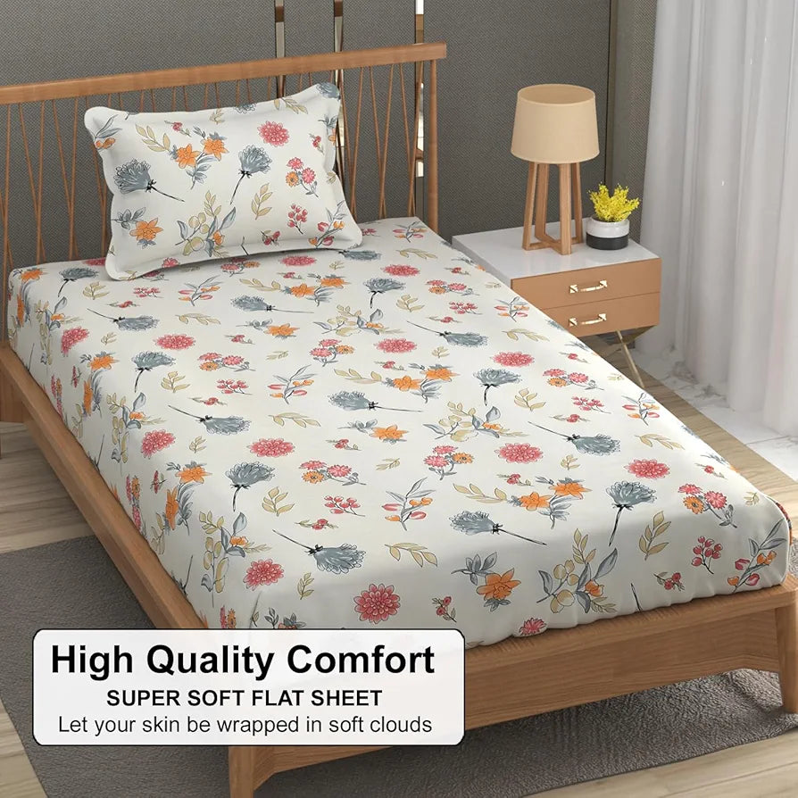 Fresh From Loom Hypoallergenic Floral Print 240 TC Microfiber Single Bed Bedsheet with 1 Pillow Covers Pastel-Cream