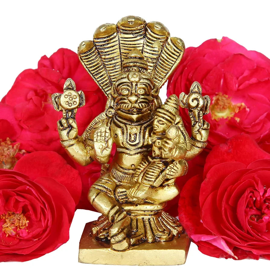 anciently Lakshmi Narasimhar Statue | Lakshmi Narasimha Statue | Lakshmi Narasimhar Idol | Lakshmi Narasimha Swamy Idol Brass 9cm Height, Brass, Gold Colour