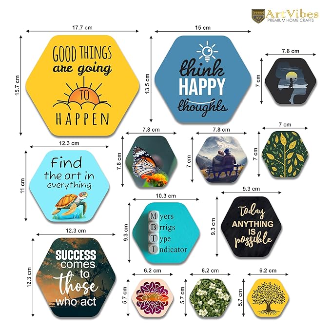 Artvibes Decorative Modern Wooden Wall Hanging Decoration for Home | Quotes Decor Item | Pack of 13 Pieces