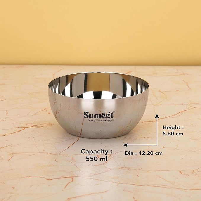 Sumeet Heavy Gauge Stainless Steel Big Size Apple Bowl 6 Pc 550 ml Each Silver