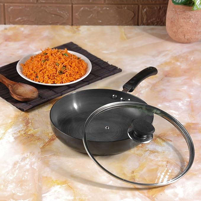 Vinod Black Pearl Plus Hard Anodised Deep Frypan with Glass Lid - 24 cm, 3.25 mm Thickness/Riveted Handle