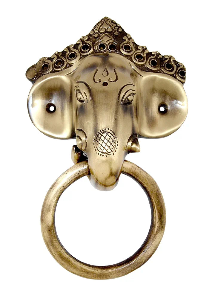 Two Moustaches Brass Ganesha Mask Door Knocker Antique Brown