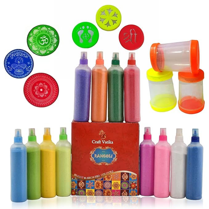 CraftVatika Rangoli Making Tools Kit Set of 12 Rangoli Color Powder Bottles