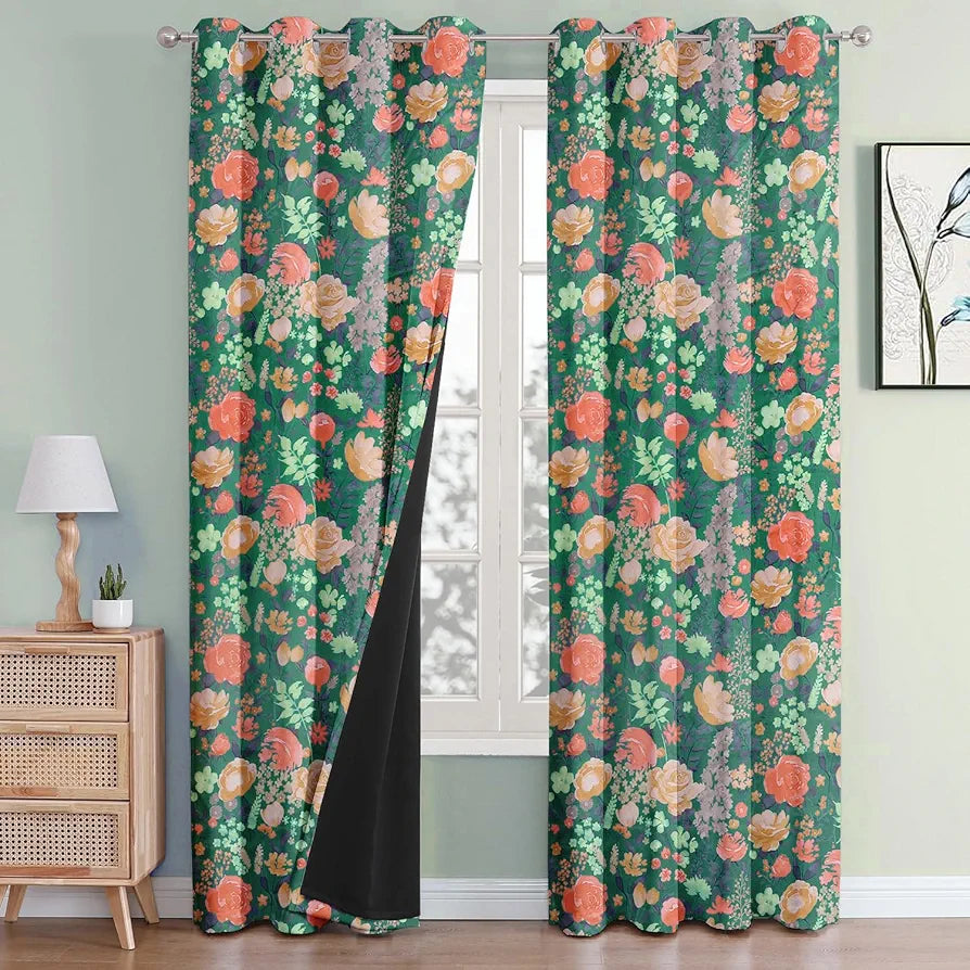 Cloth Fusion Blackout Printed Premium Door Curtains 7 Feet Long Set of 2 Green Roses