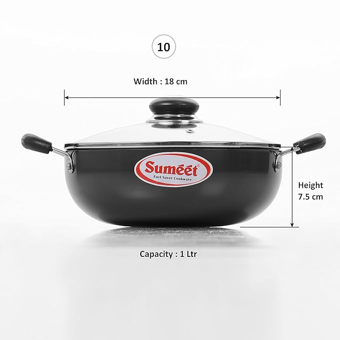 Sumeet 3Mm Hardanodised Deep Kadhai With Glass Lid. No - 10 18Cm Dia. 1 Ltr Black