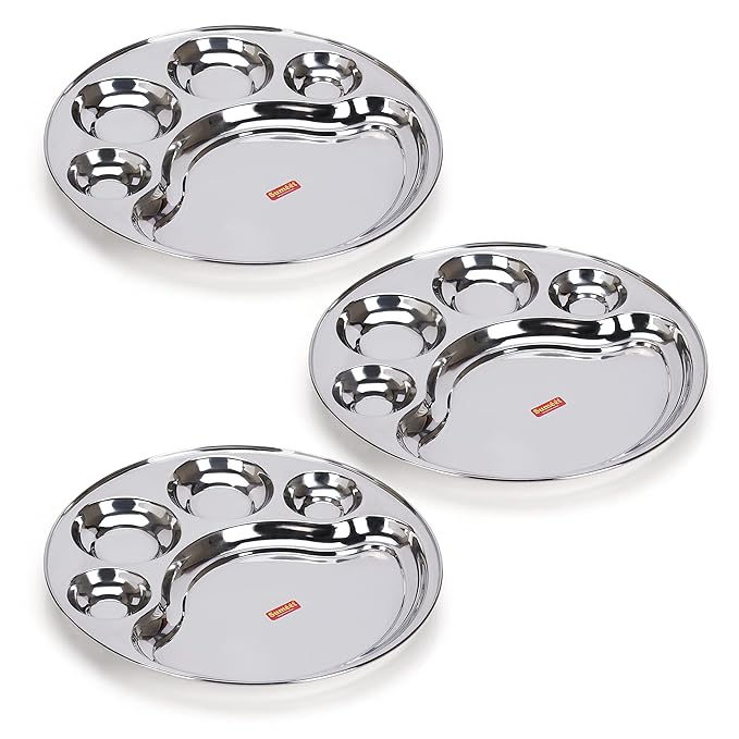 Sumeet Stainless Steel Round 5 in 1 Compartment Lunch Big Plates Set of 3Pcs 34cm Silver