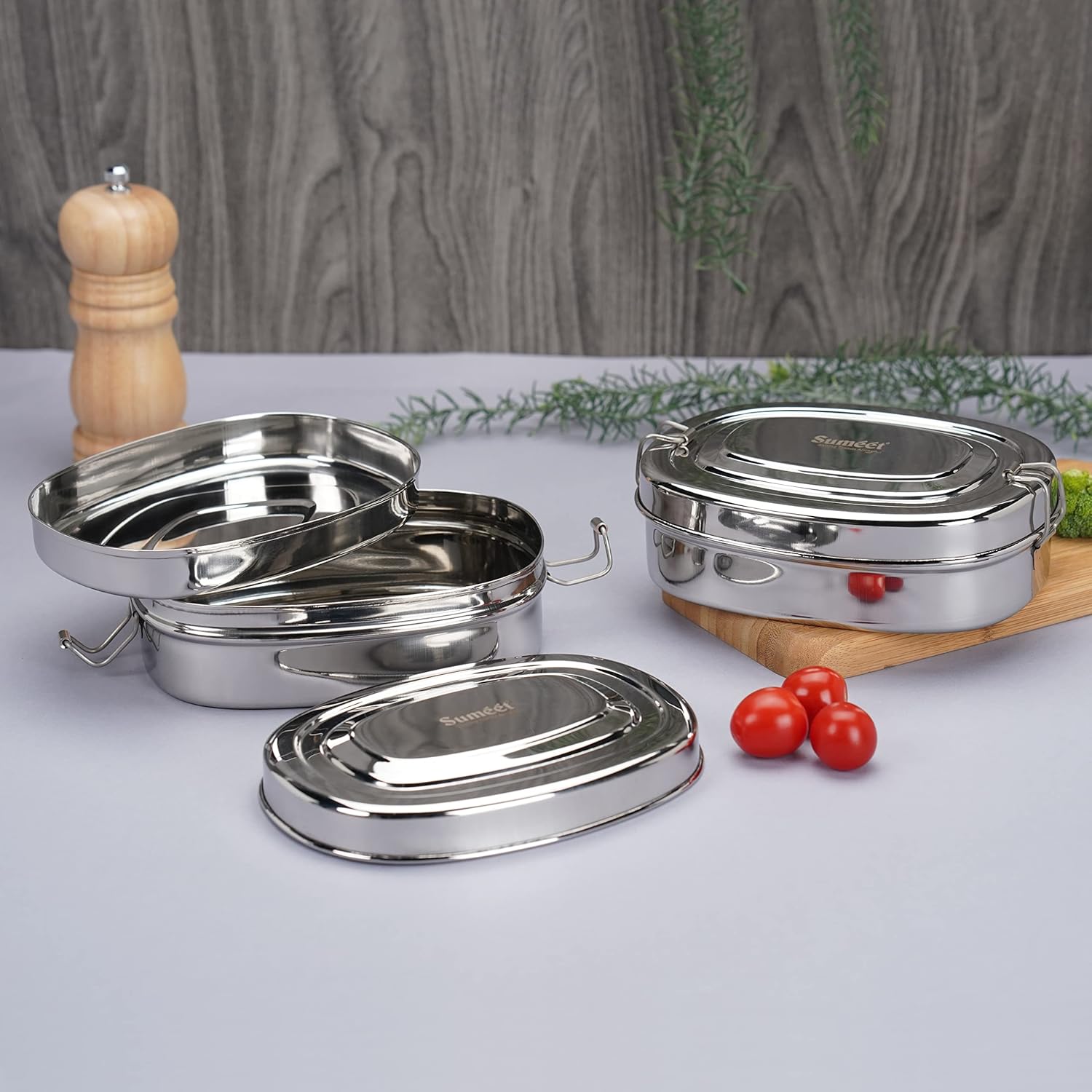 Sumeet Stainless Steel Rectangle Lunch Box/Tiffin  Set of 2 Pcs 650 ml Each Silver