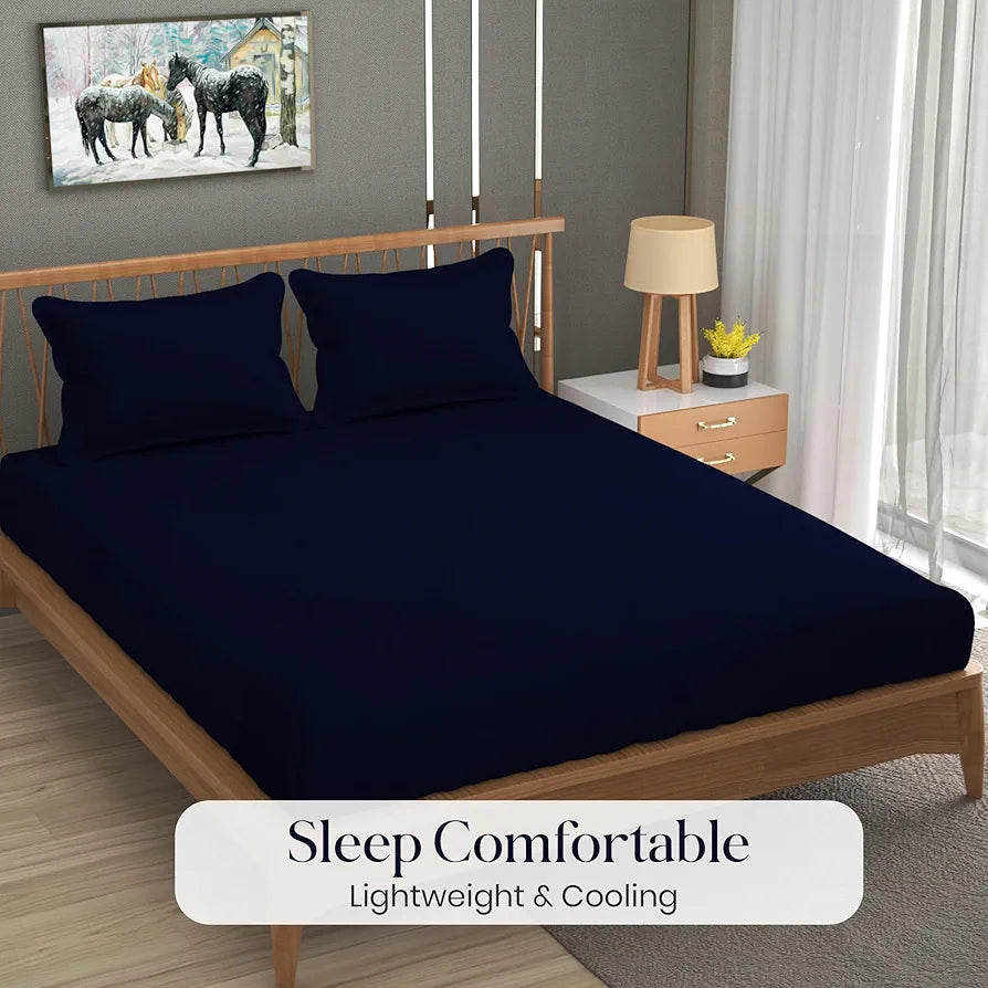 Fresh From Loom Plain Single Size Solid Plain Bedsheet Set 240 TC With 1 Pillow Covers Navy Blue Plain