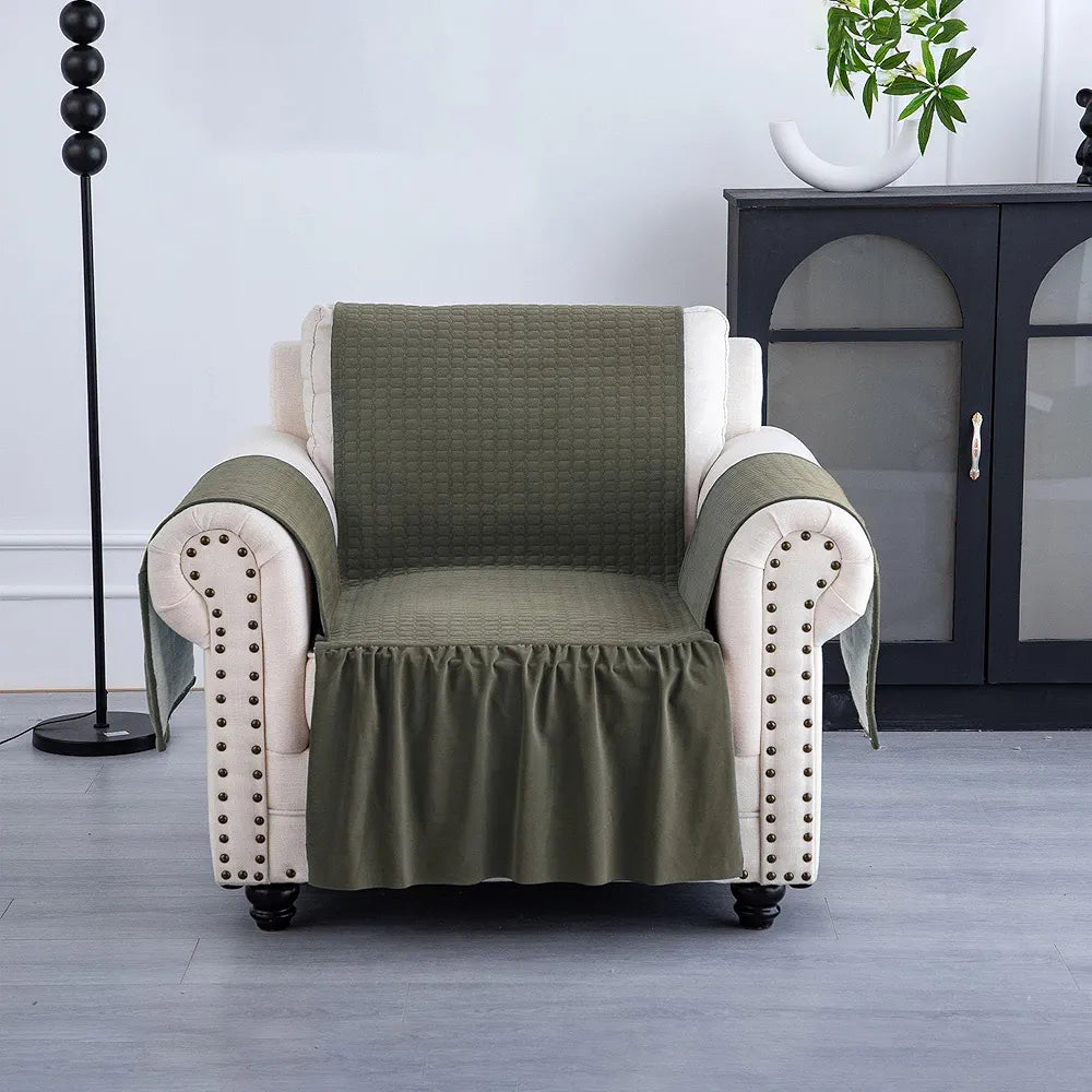 Kuber Industries Soft Velvet Quilted Single Seater Sofa Cover with Pocket Arms Frill Olive Green