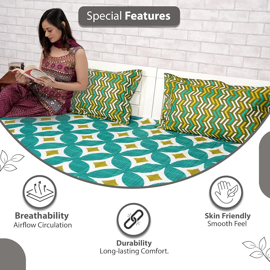 Divine Casa Double Size Bedsheet for Double Bed, 144 TC Pure Cotton Queen Size with 2 Pillow Covers Geometric Colour Emerald Olive
