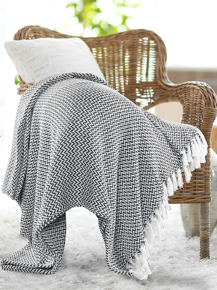 Chevron Throw Blanket Handwoven with Fringes Colour Navy