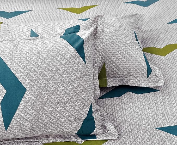 Huesland by Ahmedabad Cotton 144 TC Cotton King Size Bedsheet with 2 Pillow Covers - Light Grey, Blue & Green