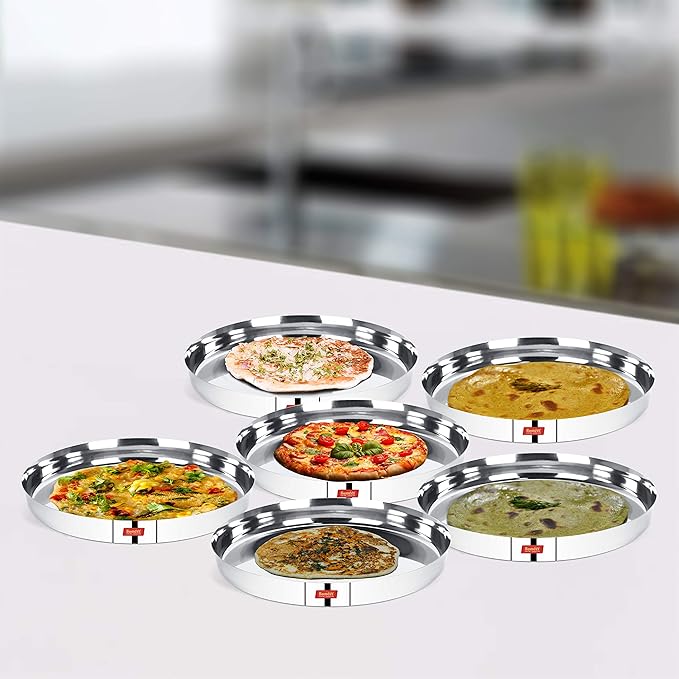 Sumeet 22 Gauge Stainless Steel Traditional Dinner Plate/Thali 28.5 Cm Set of 6pc