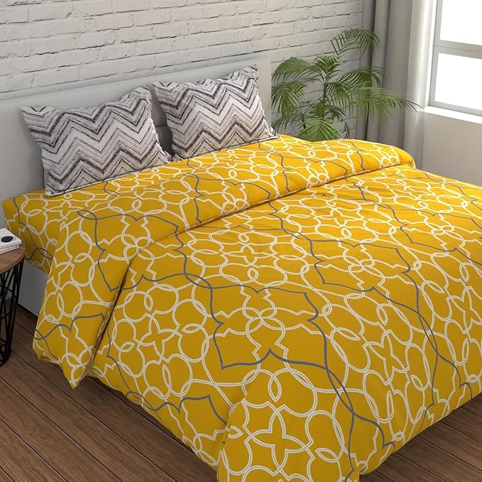 Huesland by Ahmedabad Cotton 144 TC Cotton Bedsheet for Double Bed King Size with 2 Pillow Covers | Yellow & Grey