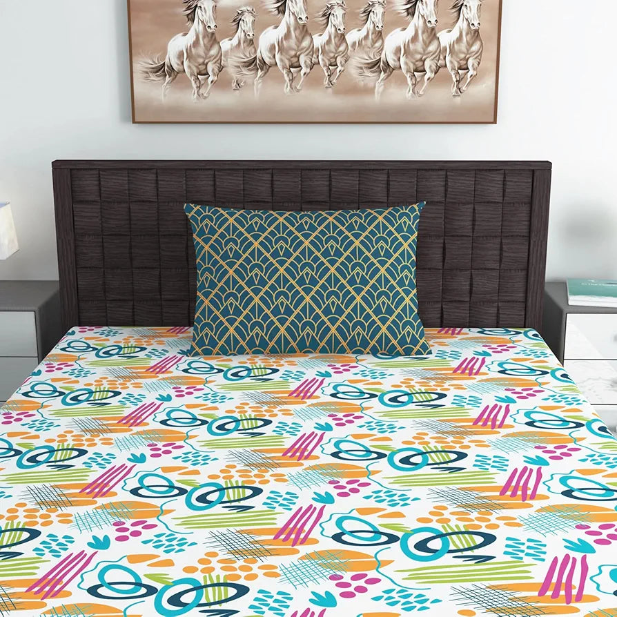 Divine Casa Bedsheet for Single Size Bed 144 TC Cotton Bedsheet for Single Size Bed with 1 Pillow Cover  Abstract Colour Teal & Mustard