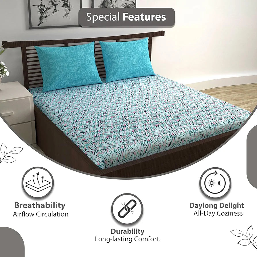 Divine Casa 144 TC 100% Cotton Double Bedsheet with 2 Pillow Covers Tropical Leaf Colour Light Blue Pink