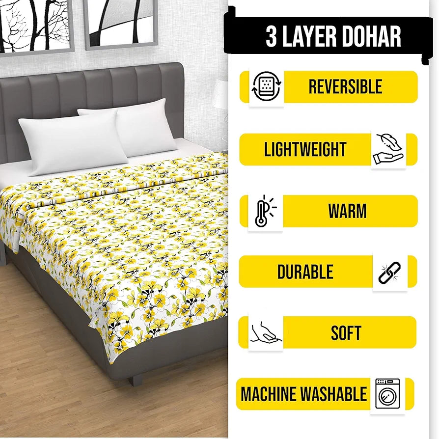 Divine Casa Floret 100% Cotton Single Dohar 120 GSM Soft & Lightweight Throw Blanket Colour Daffodil Yellow