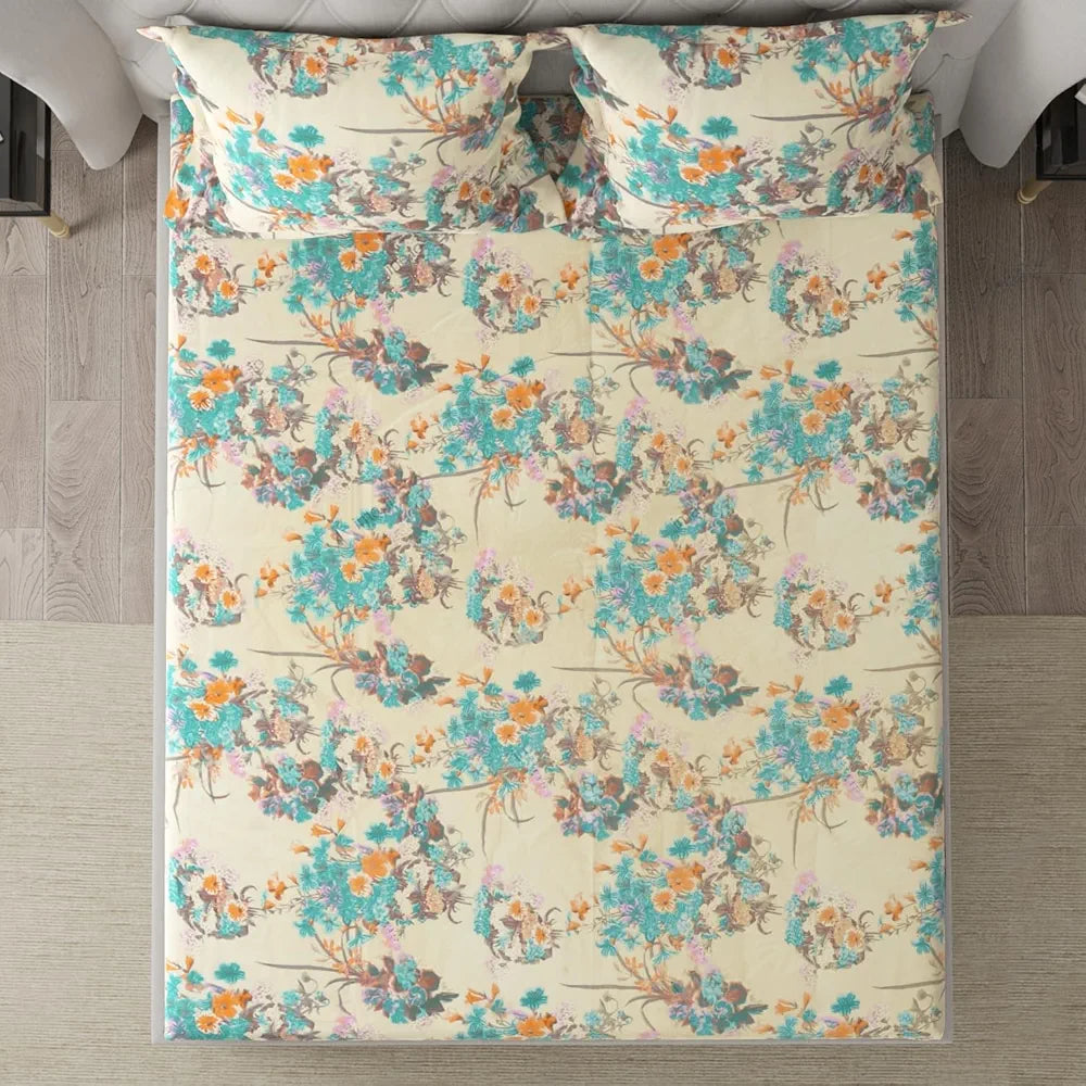 Cloth Fusion Glace Cotton Elastic Fitted Bedsheet for Double Bed King Size with 2 Pillow Covers Spring Bloom
