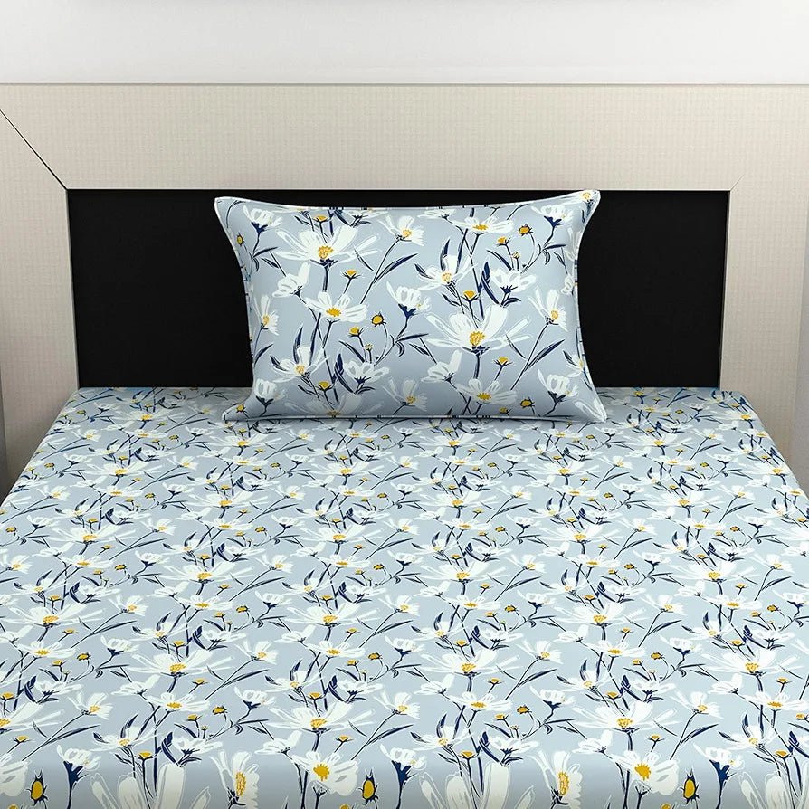 Divine Casa 100% Cotton Bedsheet for Single Bed, 144 TC Bedsheet Single Size Bed Cotton with 1 Pillow Cover Colour Aqua Bloom