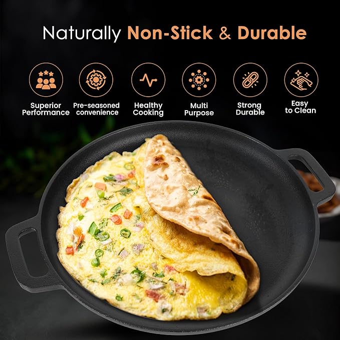 Solara Crown Stone Premium Cast Iron Tawa for Dosa 30 Cm With 2 Loops | Tawa for Dosa | Gas & Induction Friendly