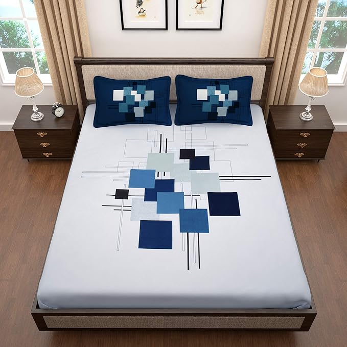 Story@Home Bedsheet for Double Bed Cotton White & Blue 2 Pillow Covers White & Blue Colours