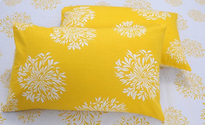 Huesland by Ahmedabad Cotton 144 TC King Size Bedsheet Cotton with 2 Pillow Covers | White & Yellow
