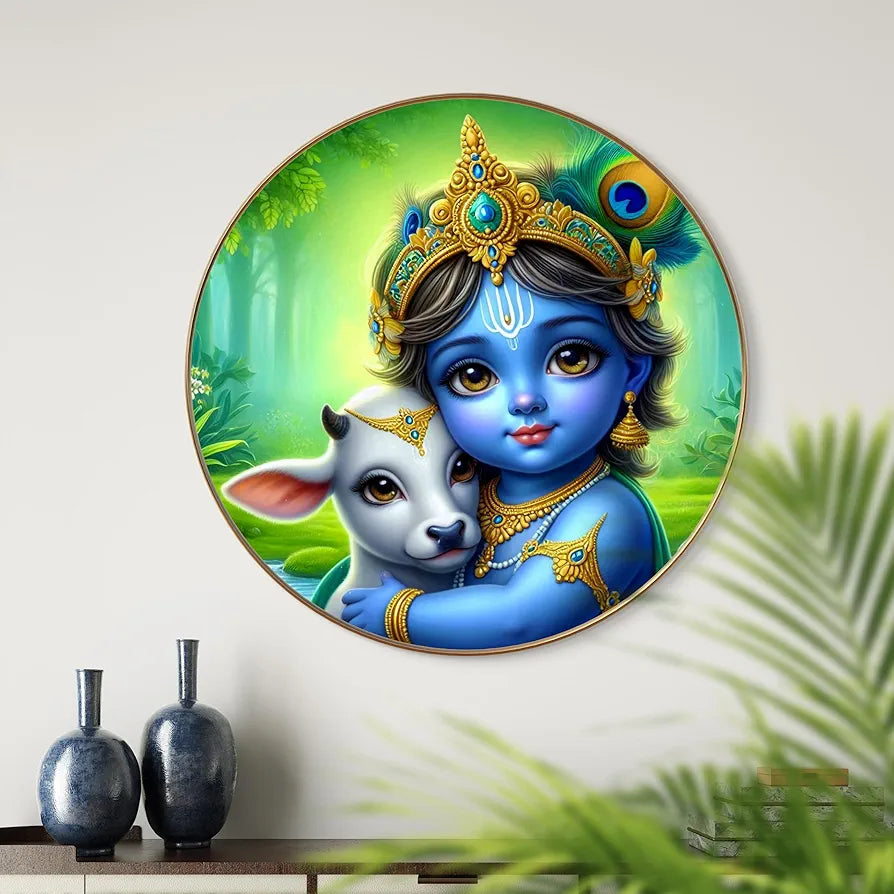 Livin'luxe Paintings Little Krishna with Calf Wall Painting with Frame - Sparkle Glossy Round Golden Framed Large