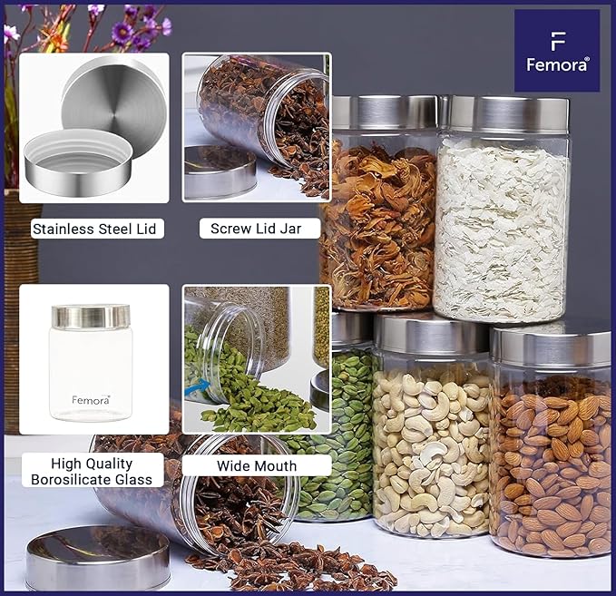 Femora Kitchen Storage Jars Borosilicate Glass With Steel Lid Air Tight Jar | 350 ML | Pack of 1