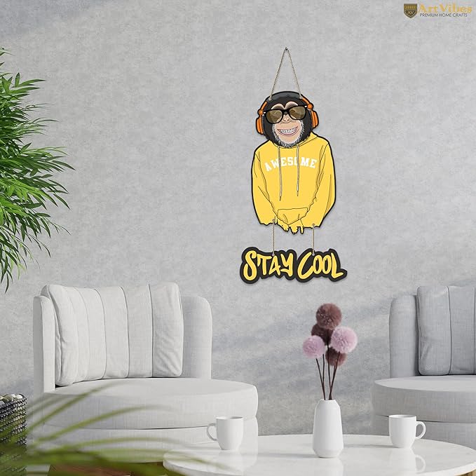 Artvibes Modern Monkey Wooden Wall Hanging With Quotes for Home Decor | Wooden Decorative Items | Artworks Wall Hangings