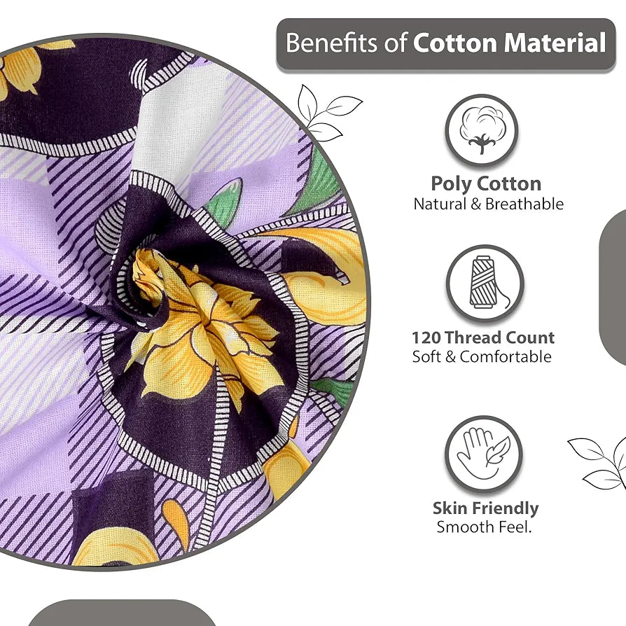 Divine Casa Double Size Bedsheet for Double Bed 144 TC Pure Cotton Queen Size with 2 Pillow Covers Floral Colour Royal Lilac