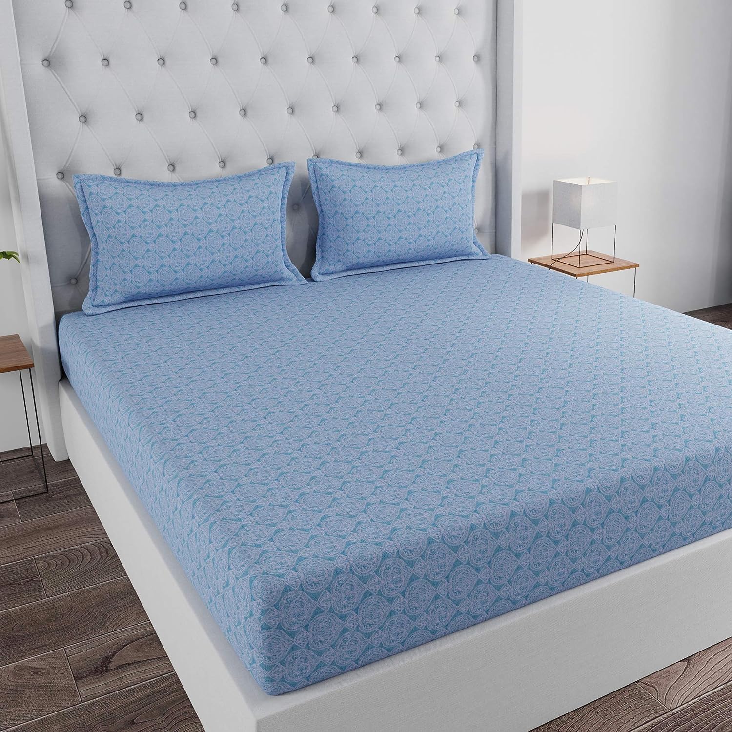 Huesland by Ahmedabad Cotton 144 TC Cotton King Size Bedsheet with 2 Pillow Covers - Turquoise Blue
