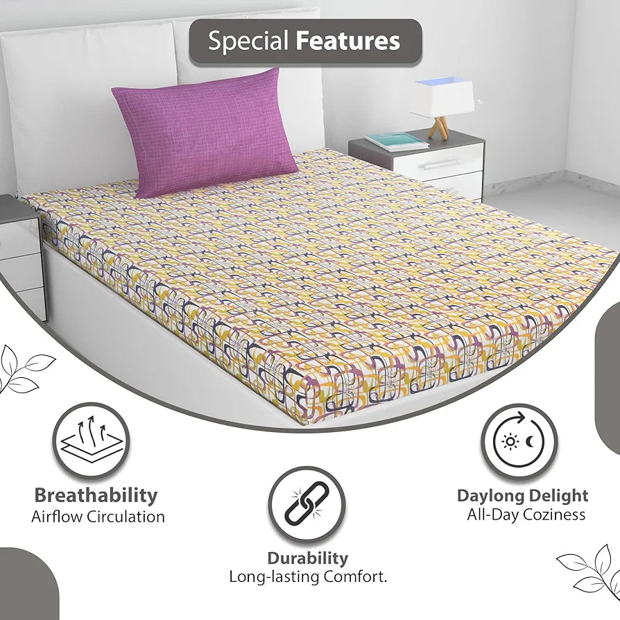 Divine Casa 144 TC 100% Pure Cotton Single Bed Bedsheet with 1 Pillow Cover Wavy Pattern Colour Charcoal Yellow