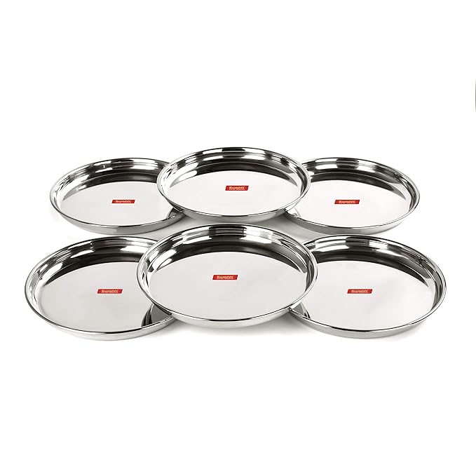 Sumeet Stainless Steel Heavy Gauge Deep Wall Snack Plates 26.6cm Set of 6 pcs