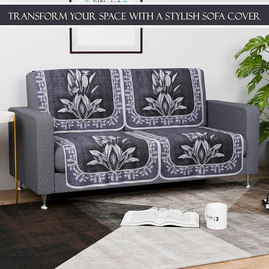 Kuber Industries Set of 6 Net Durable 2+1 Seater Sofa Covers Leaf Dark Grey & Lilac